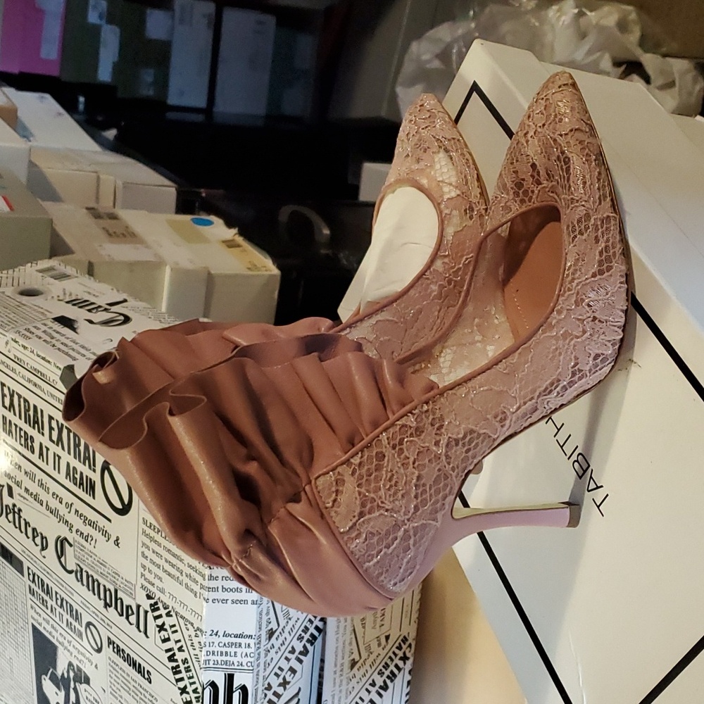 NIB $795 Dahlia Selva Sparkling lace and leather heels